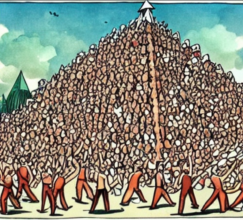A crowd of people slowly building something enormous together, one piece at a time