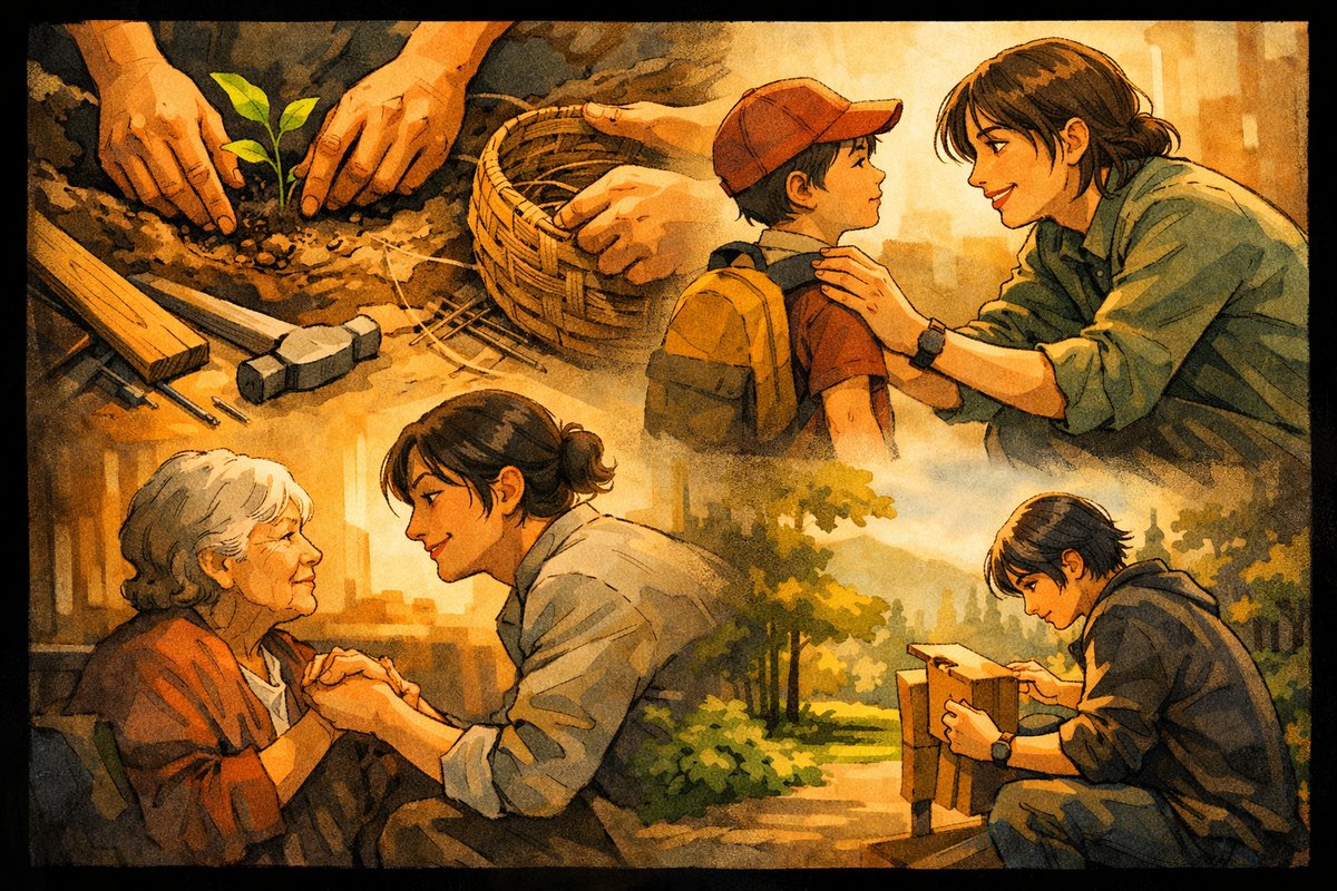 Everyday moments of contribution and care — planting, mentoring, listening, building