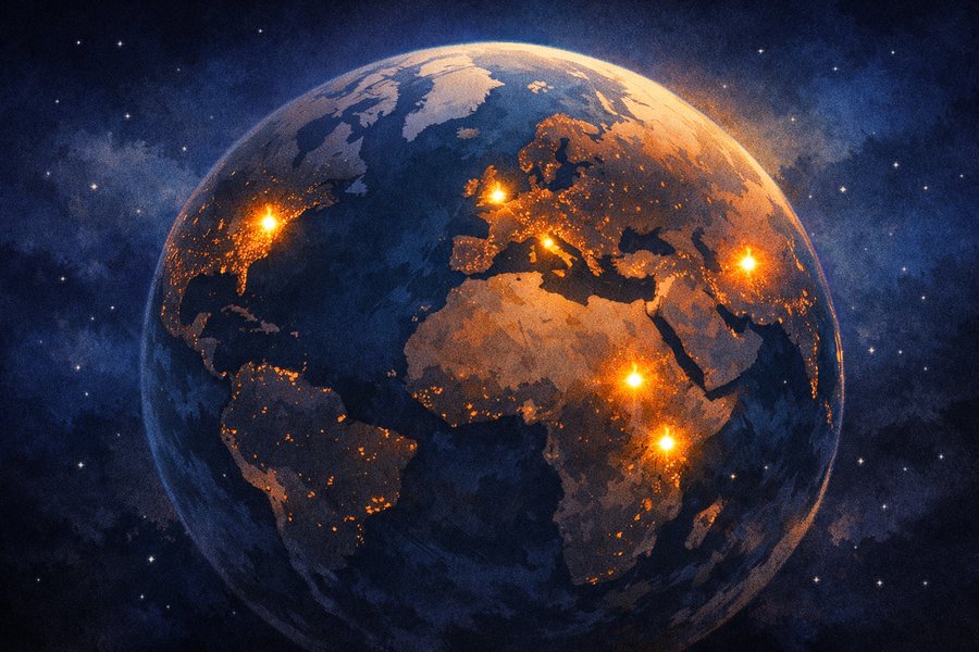 A world beginning to light up with pockets of activity