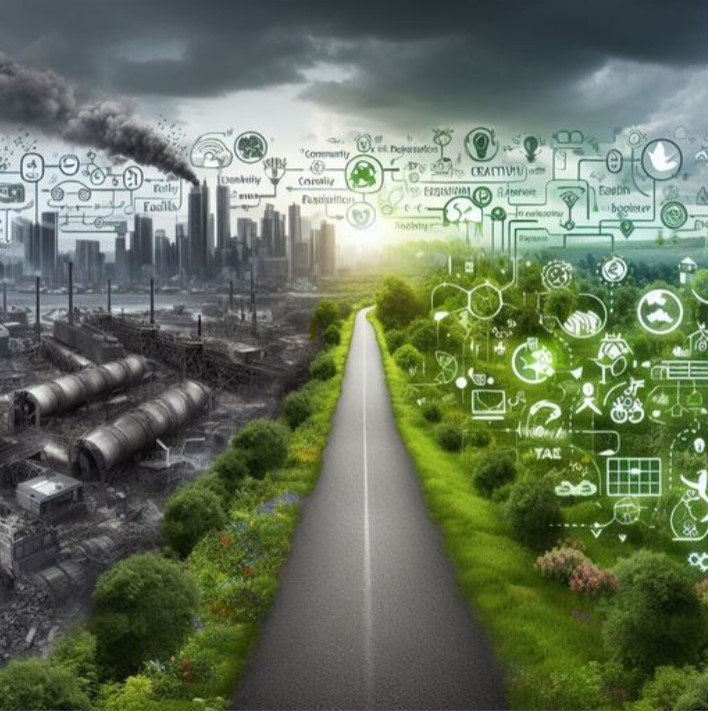 A road running from a grey industrial cityscape into a green, thriving future